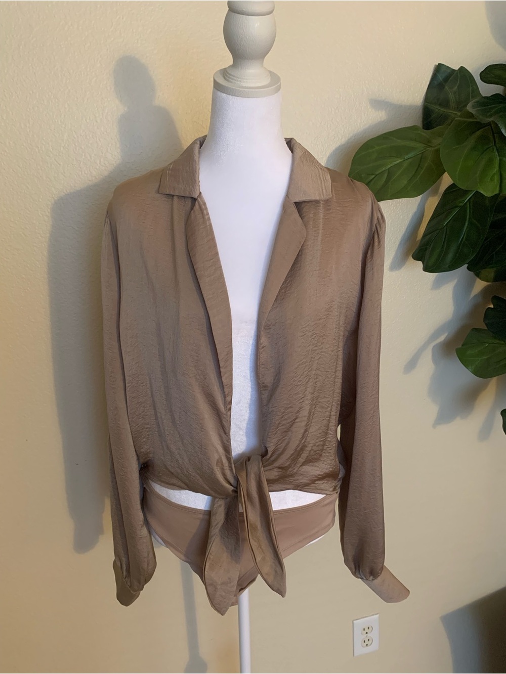 Tie-Front Long Sleeve Blouse in Taupe